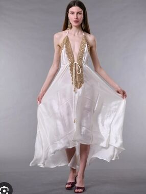 White Halter Silk Maxi Dress MANISH VAID designer with Gold Embellished Plunge